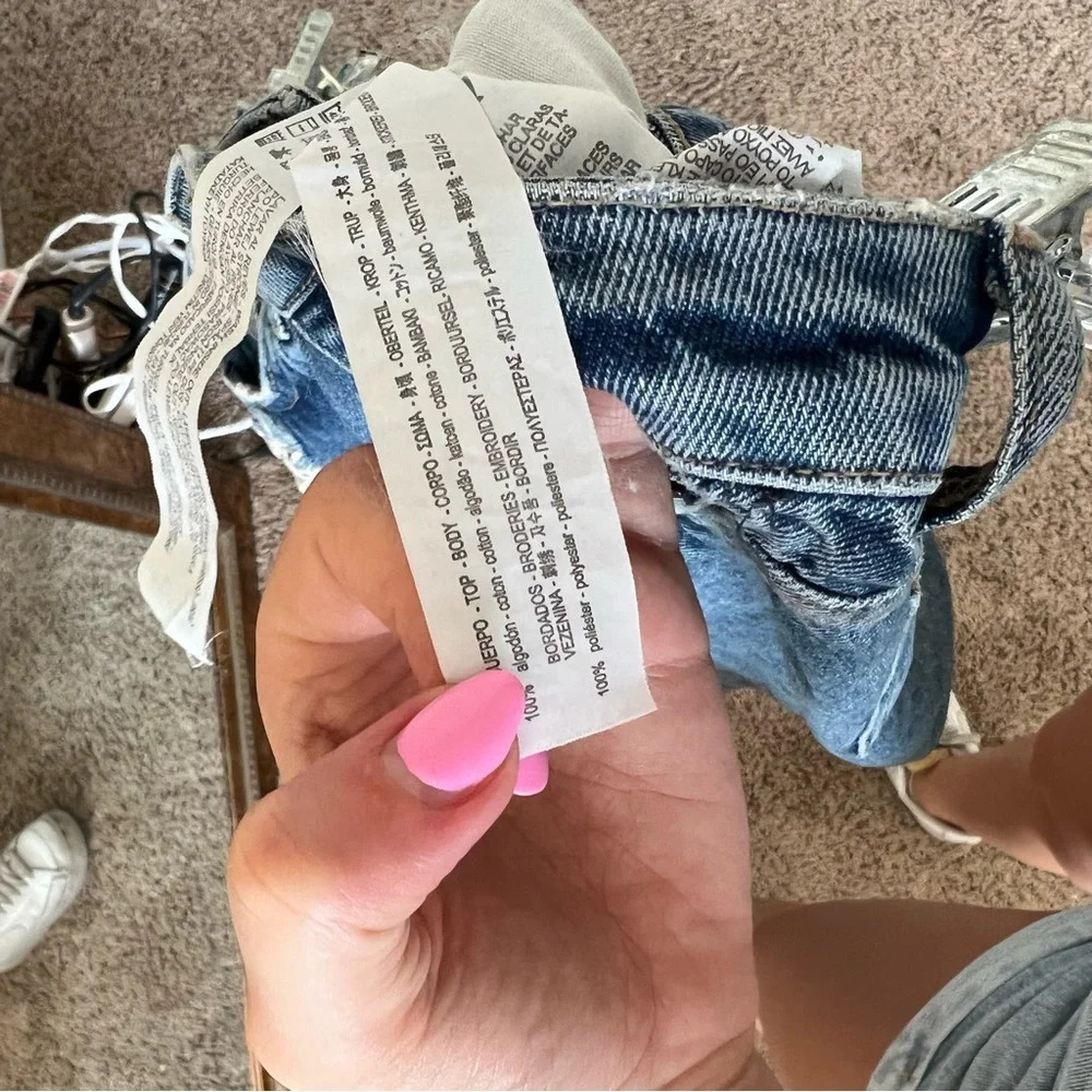 Zara Basic Denim Bug Embroidered Dripped Jeans - image 6